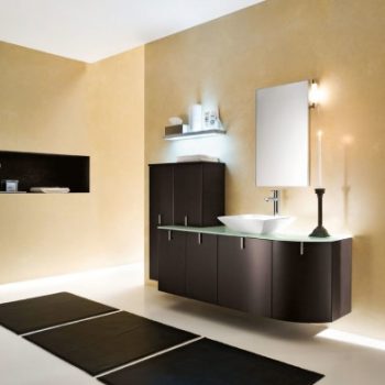 cream-accents-wall-paint-for-minimalist-bathroom-themed-feat-trendy-black-wood-vanity-units-using-bowl-sink-and-frameless-mirror-plus-charming-lighting-591x392